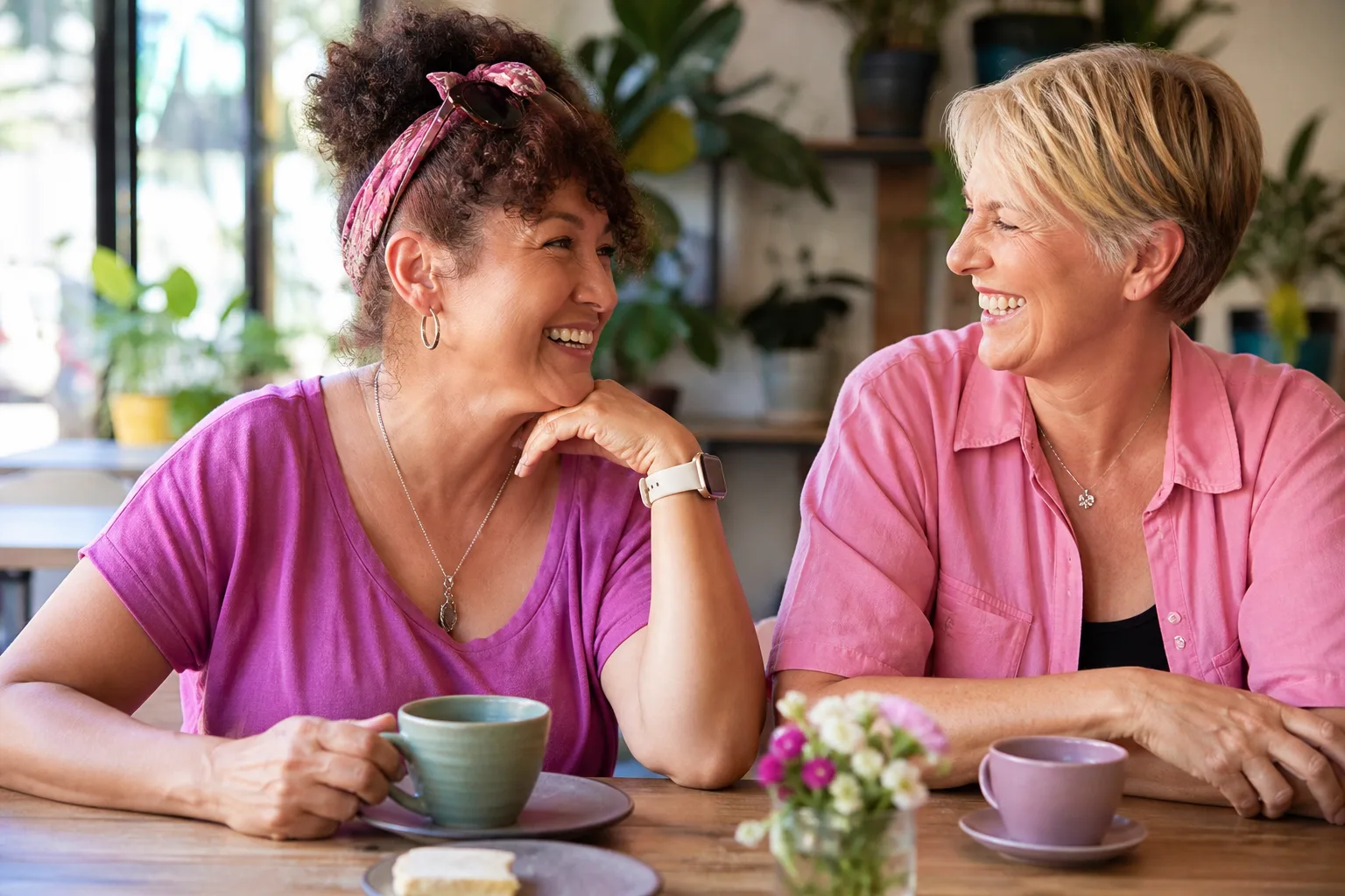Two women talking over coffee in County Durham