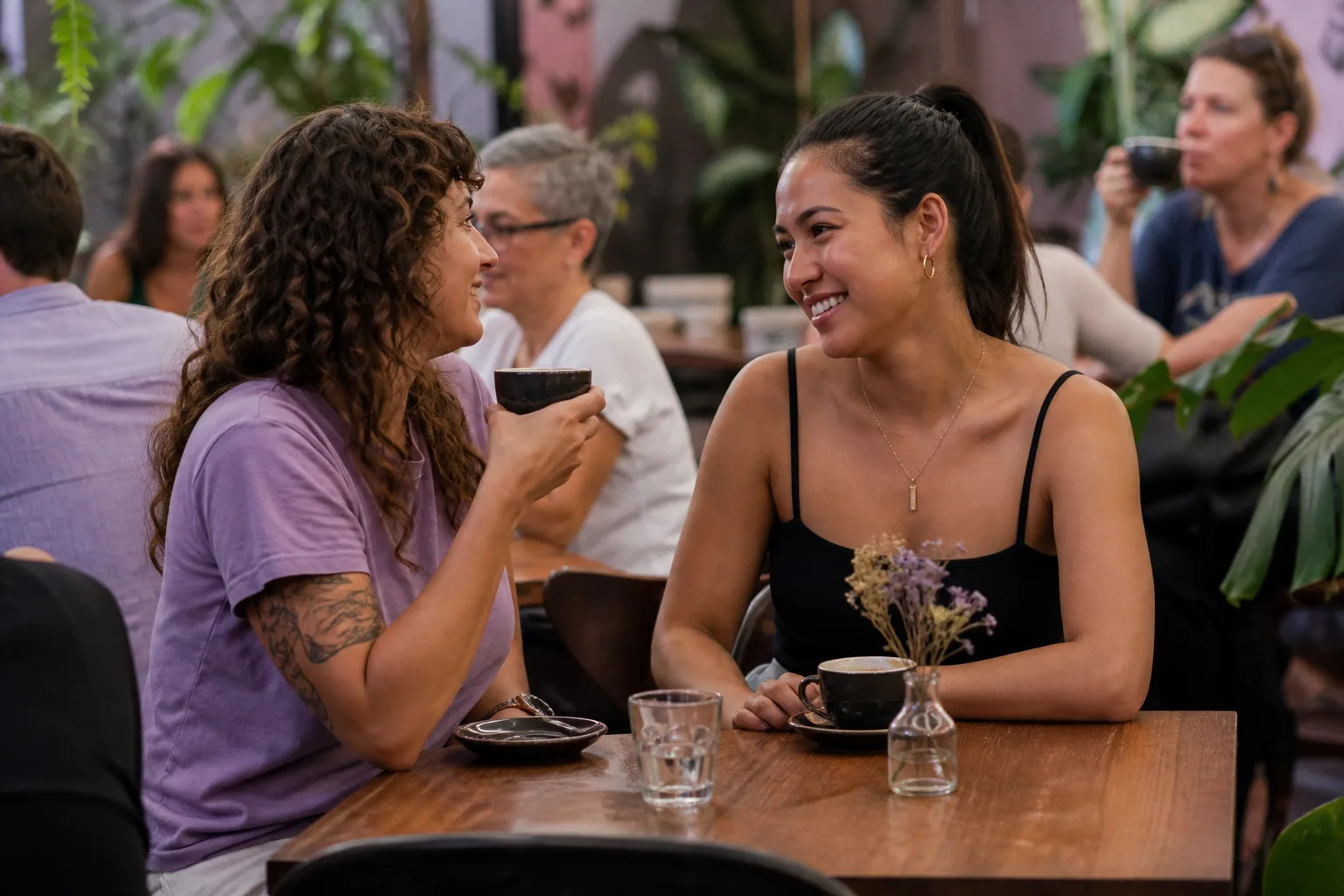 Two women talking over coffee in County Durham