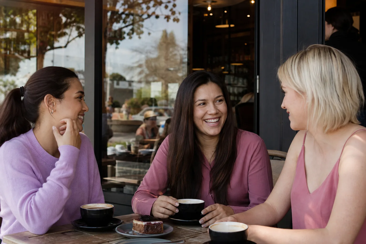 A woman smiling while meeting someone for coffee in County Durham