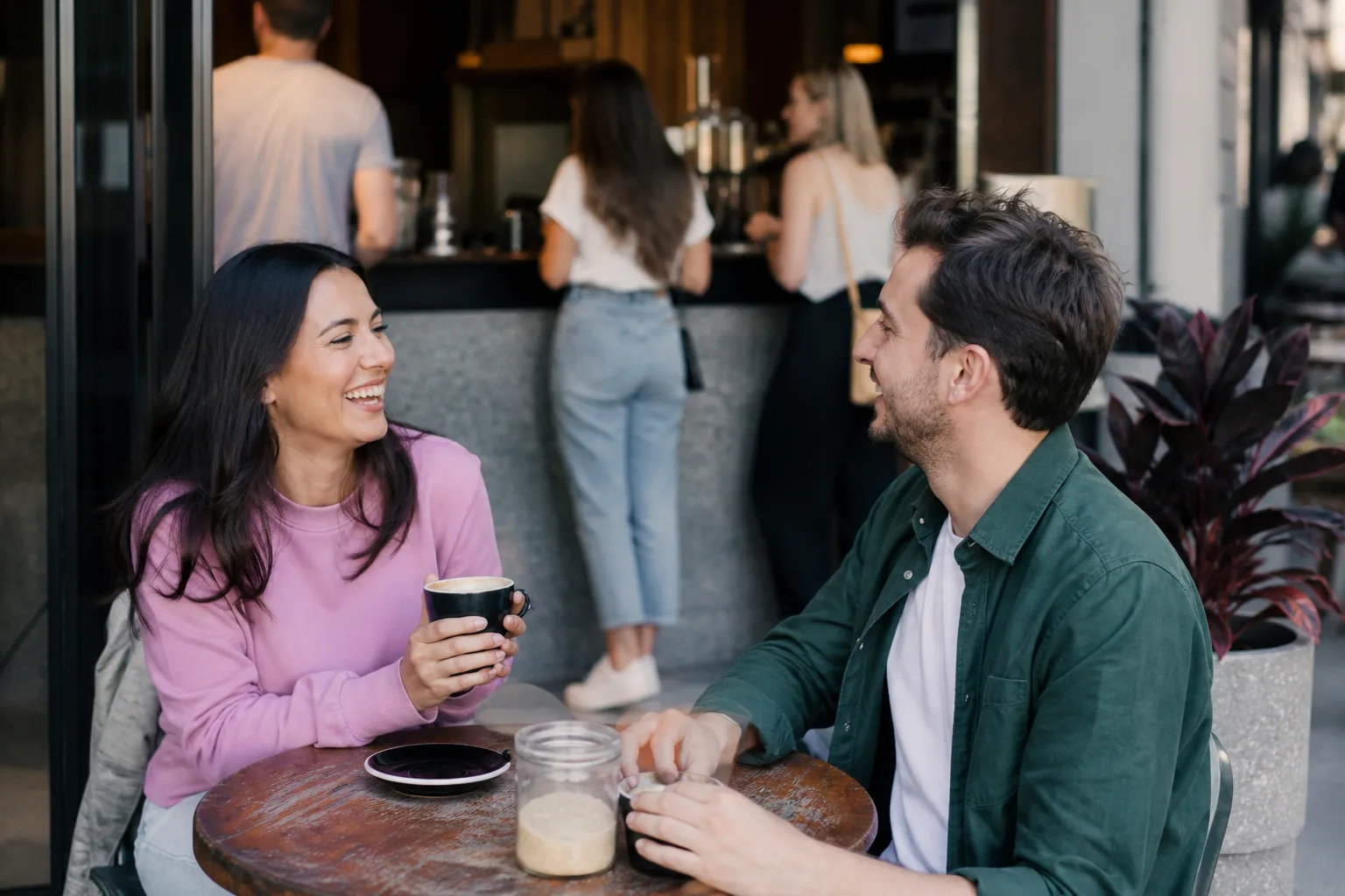 Two local people talking over coffee in County Durham