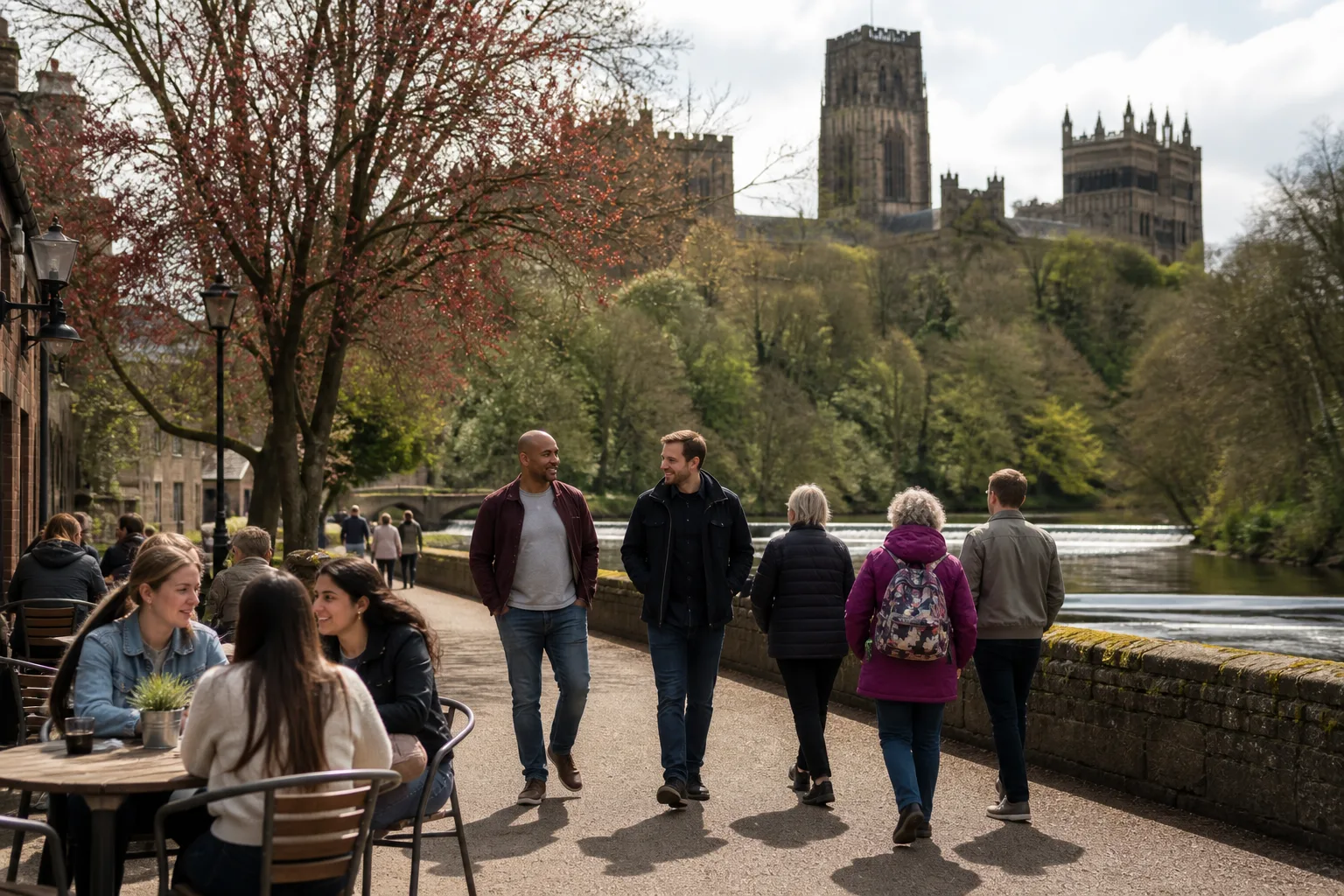 Two adults talking over coffee in Durham City