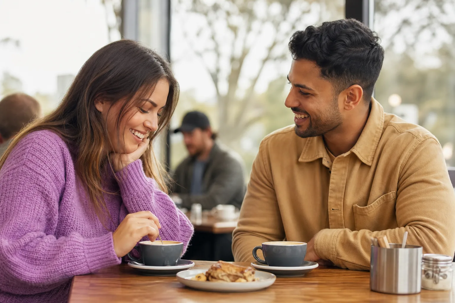Two people talking over coffee in Darlington town centre
