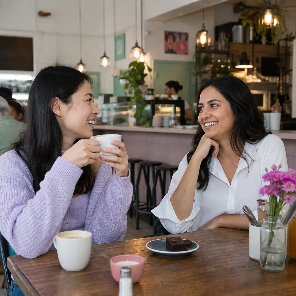Woman using a dating site at a cafe in Durham City