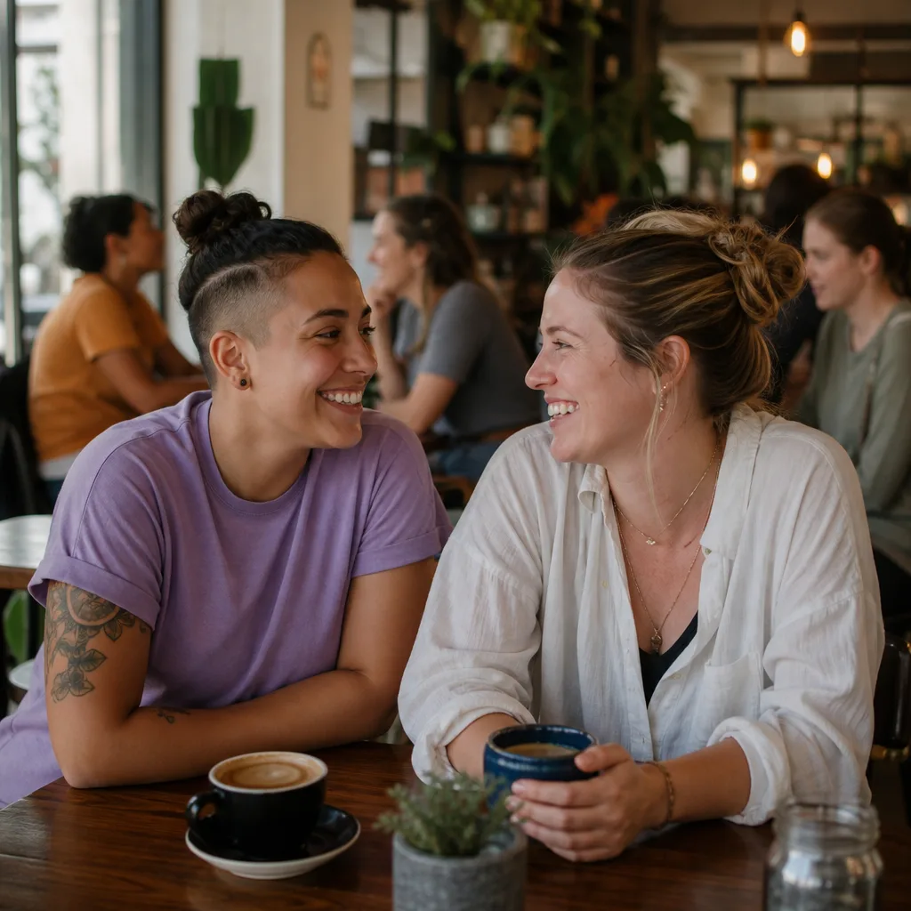 Lesbian couple chatting at a table in a busy public café