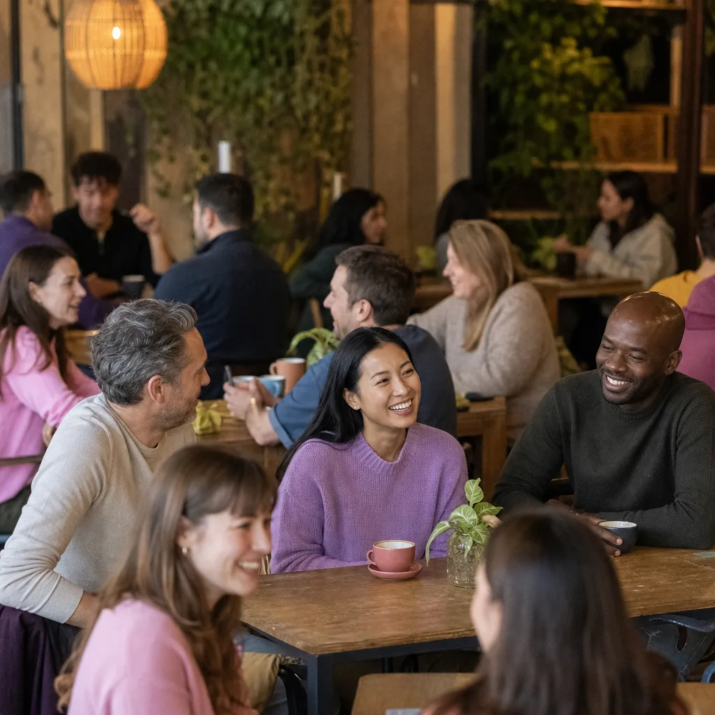 Two people speaking at a hosted speed dating table