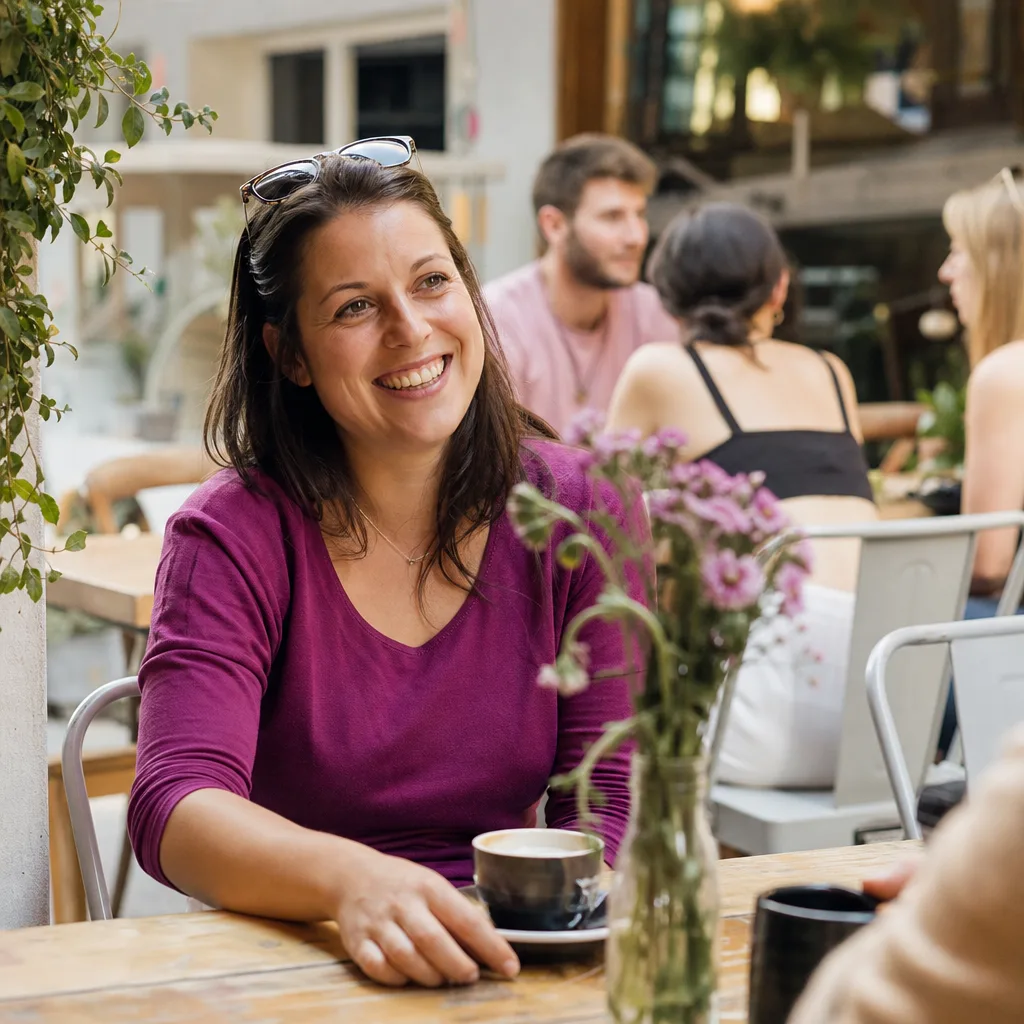 A couple meeting at a busy public café in Durham