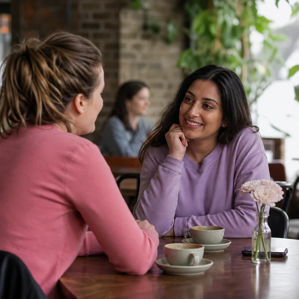 Woman meeting a date at a busy public cafe in County Durham