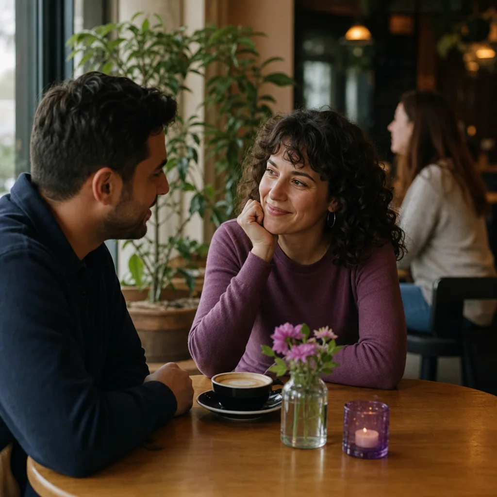 Two adults meeting outside a busy cafe in central Darlington